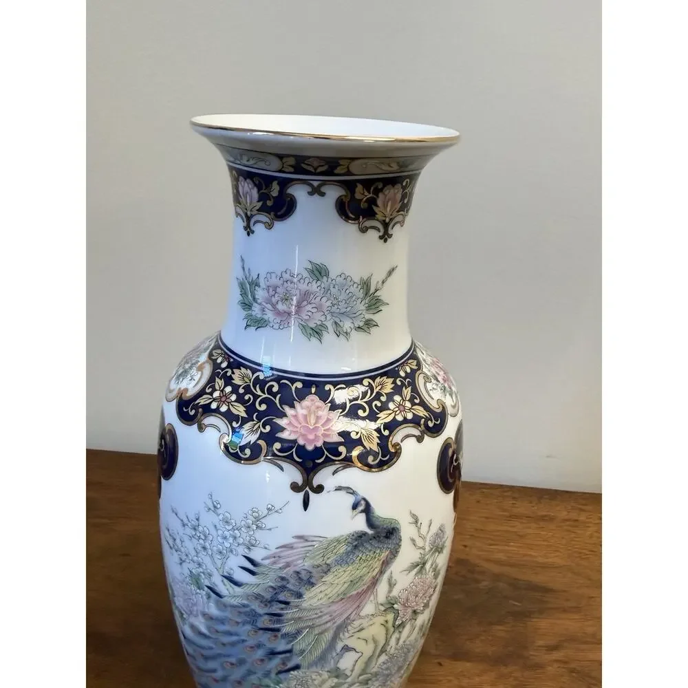 Vintage Japan Porcelain Peacock Floral Vase Cobalt Blue Gold Gilt 10.625